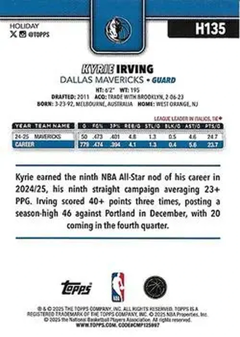 2025-26 Topps Holiday #H135 - Kyrie Irving - Dallas Mavericks - Back 2025-26 Topps Holiday #H135 - Kyrie Irving - Dallas Mavericks - Back