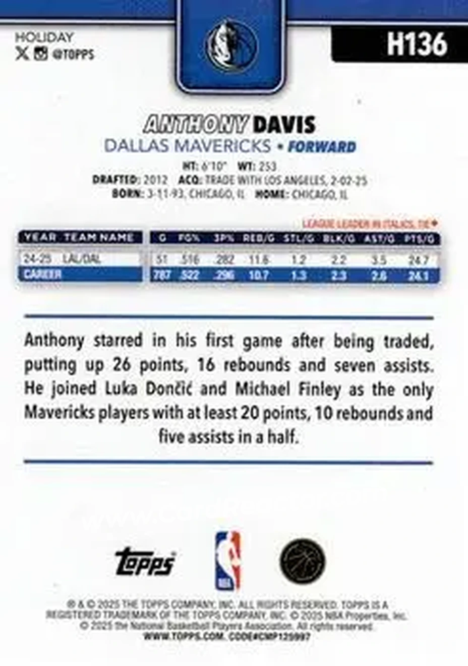 2025-26 Topps Holiday #H136 - Anthony Davis - Dallas Mavericks - Back 2025-26 Topps Holiday #H136 - Anthony Davis - Dallas Mavericks - Back
