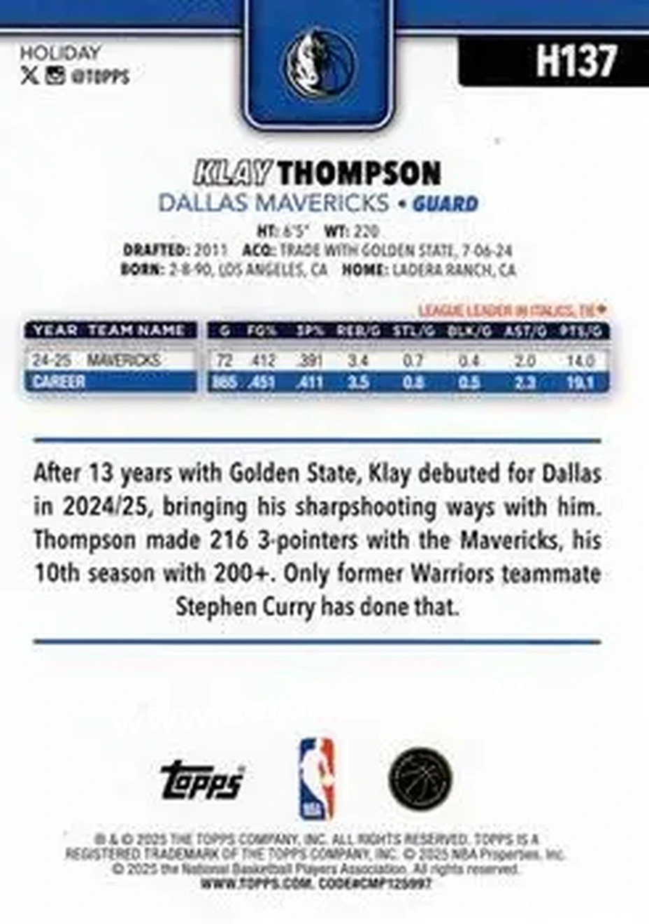 2025-26 Topps Holiday #H137 - Klay Thompson - Dallas Mavericks - Back 2025-26 Topps Holiday #H137 - Klay Thompson - Dallas Mavericks - Back
