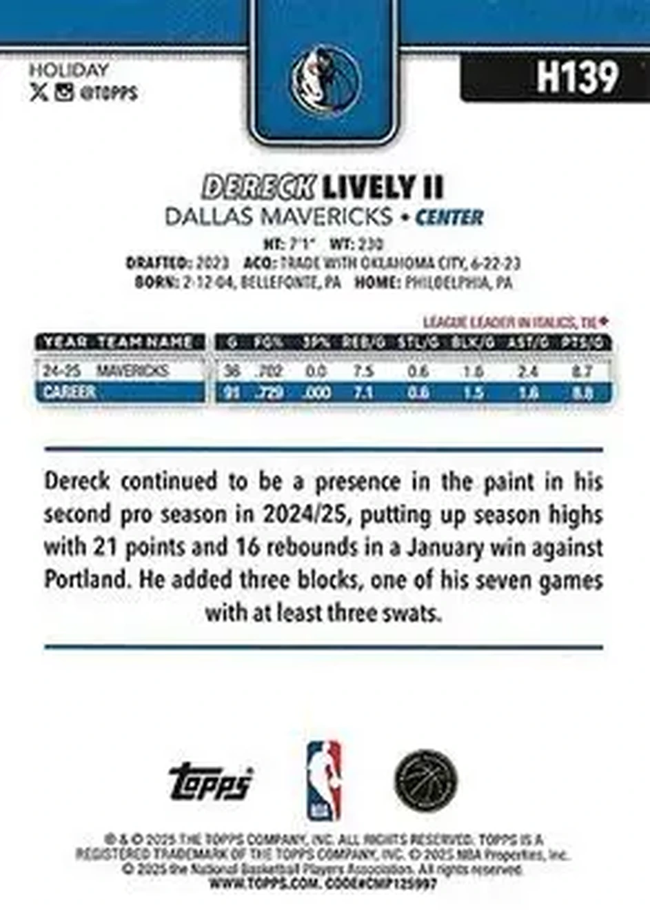 2025-26 Topps Holiday #H139 - Dereck Lively II - Dallas Mavericks - Back 2025-26 Topps Holiday #H139 - Dereck Lively II - Dallas Mavericks - Back