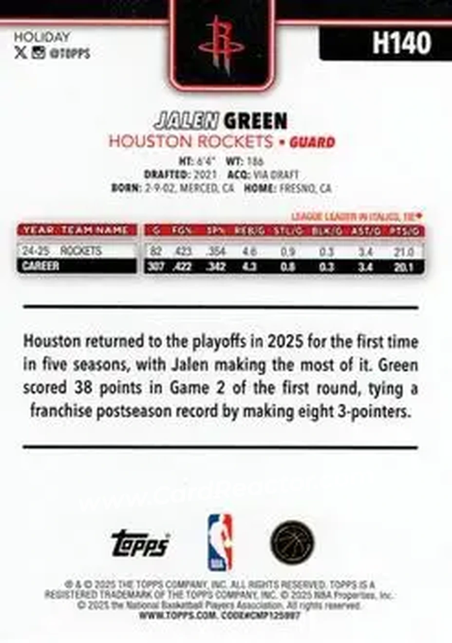 2025-26 Topps Holiday #H140 - Jalen Green - Houston Rockets - Back 2025-26 Topps Holiday #H140 - Jalen Green - Houston Rockets - Back