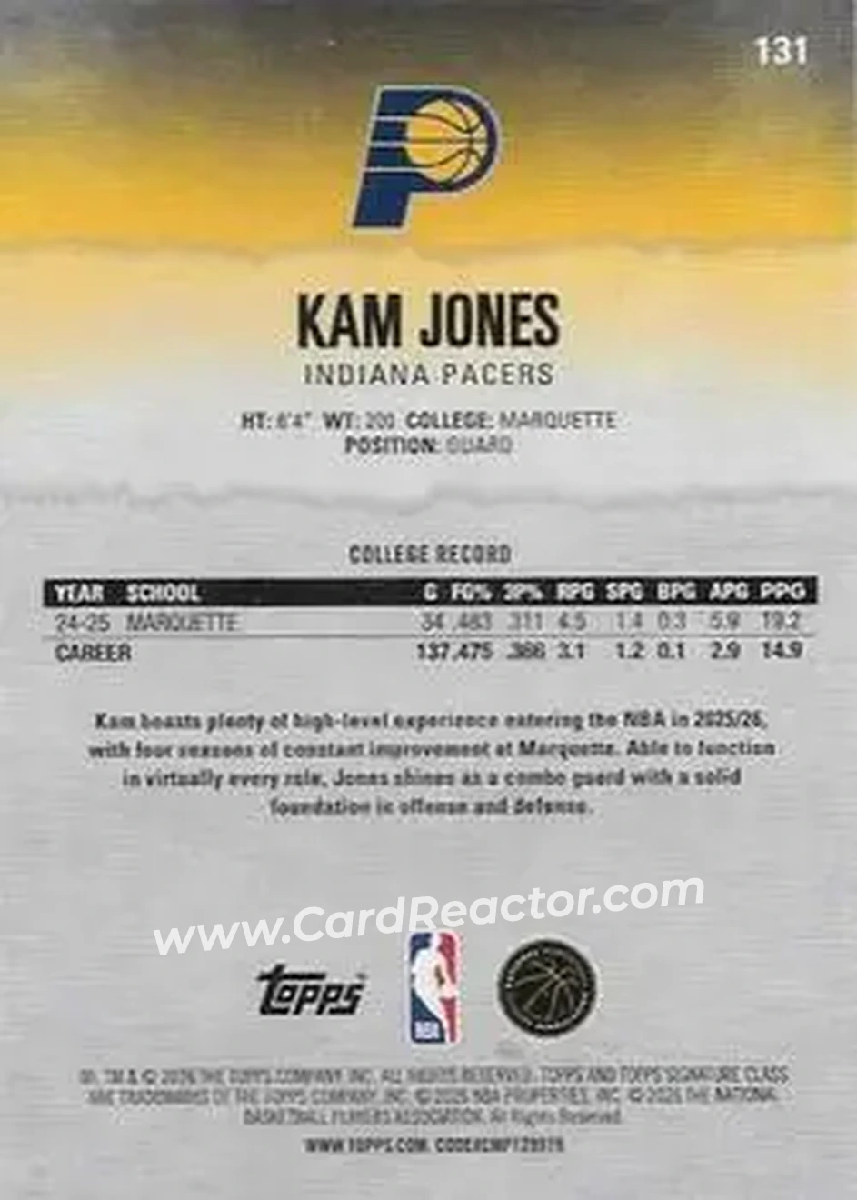 2025-26 Topps Signature Class #131 - Kam Jones - Indiana Pacers - Back 2025-26 Topps Signature Class #131 - Kam Jones - Indiana Pacers - Back