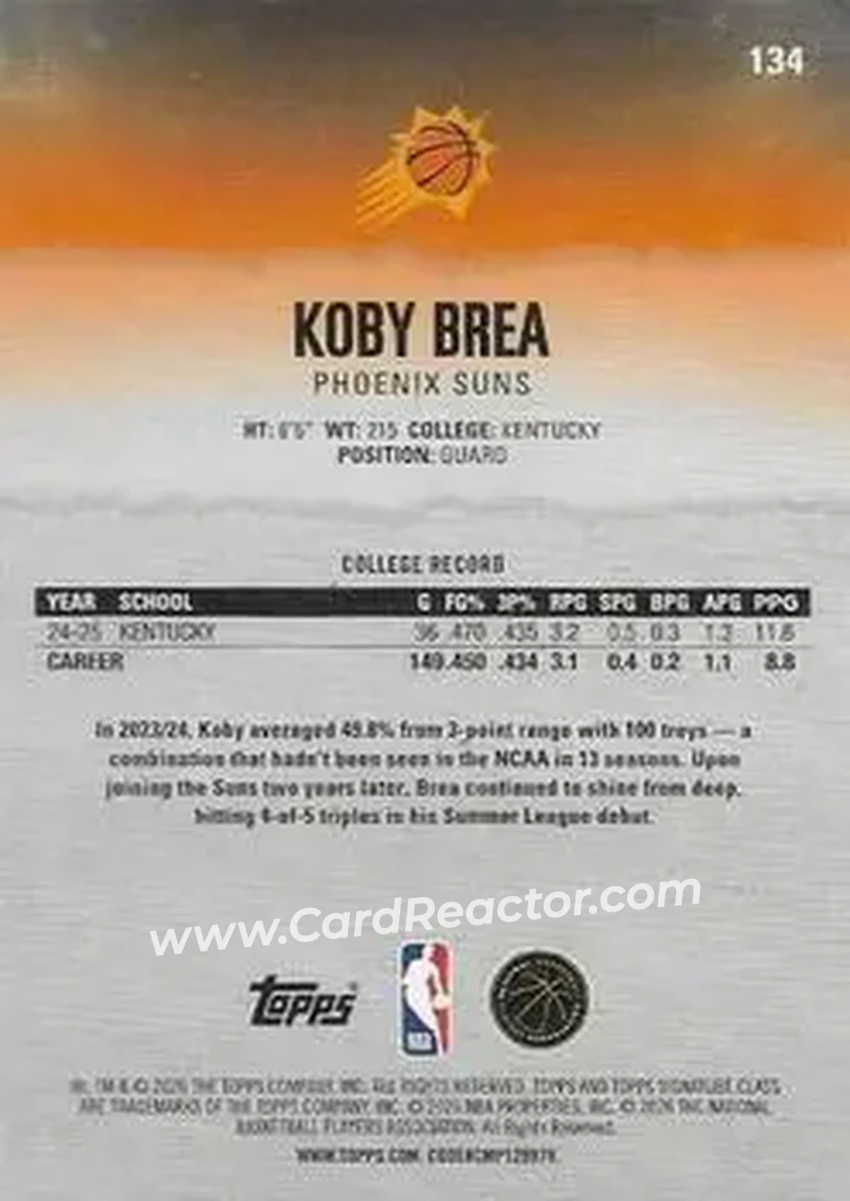 2025-26 Topps Signature Class #134 - Koby Brea - Phoenix Suns - Back