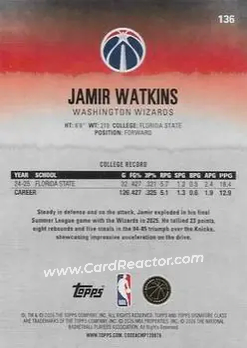 2025-26 Topps Signature Class #136 - Jamir Watkins - Washington Wizards - Back 2025-26 Topps Signature Class #136 - Jamir Watkins - Washington Wizards - Back