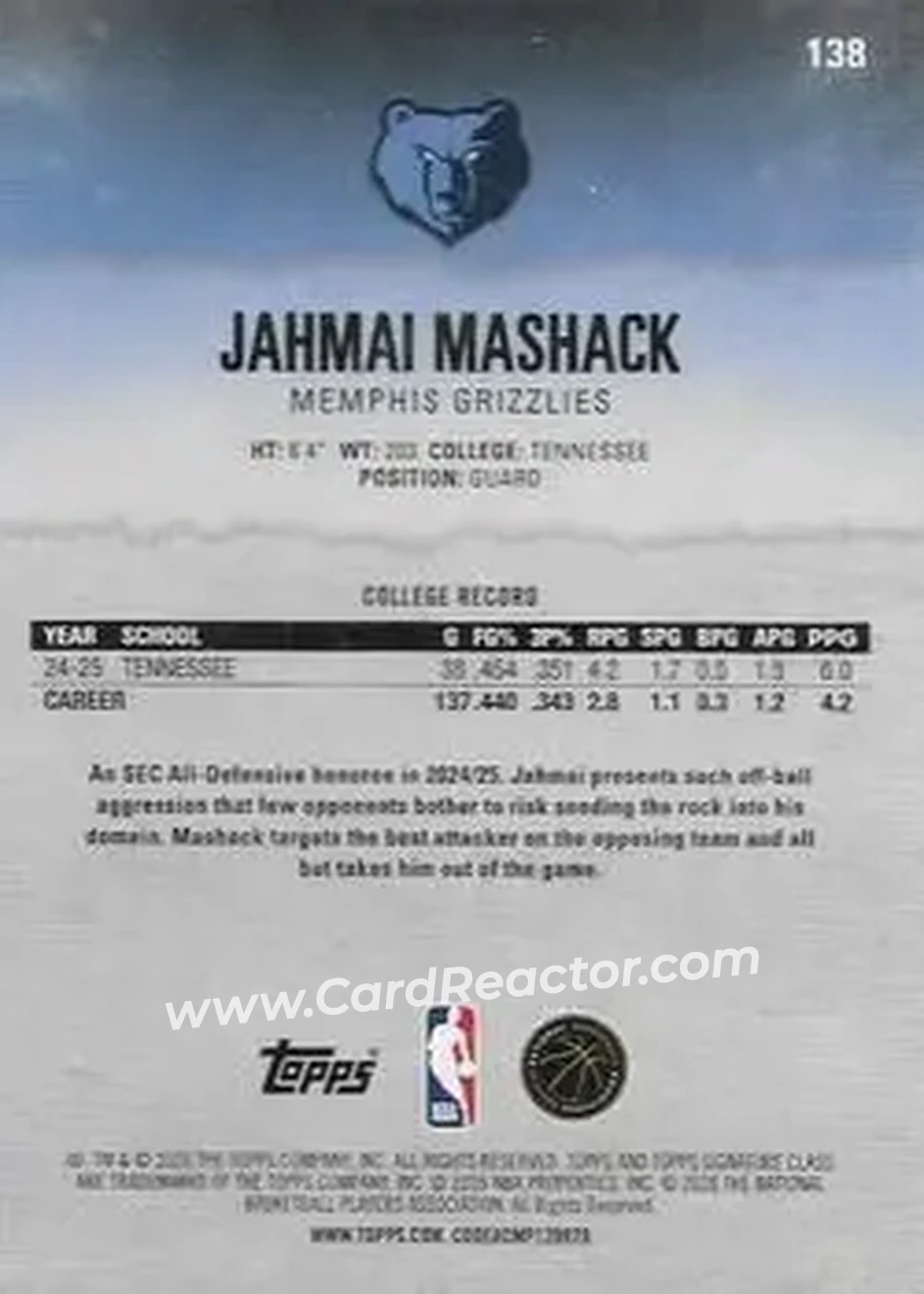 2025-26 Topps Signature Class #138 - Jahmai Mashack - Memphis Grizzlies - Back 2025-26 Topps Signature Class #138 - Jahmai Mashack - Memphis Grizzlies - Back