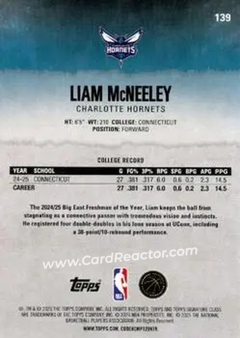 2025-26 Topps Signature Class #139 - Liam McNeeley - Charlotte Hornets - Back 2025-26 Topps Signature Class #139 - Liam McNeeley - Charlotte Hornets - Back