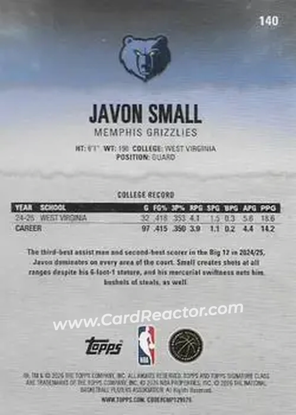 2025-26 Topps Signature Class #140 - Javon Small - Memphis Grizzlies - Back