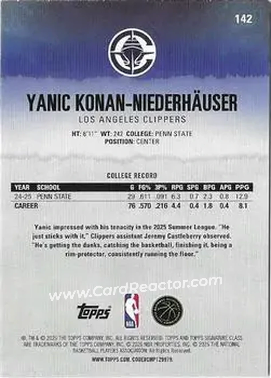 2025-26 Topps Signature Class #142 - Yanic Konan Niederhäuser - Los Angeles Clippers - Back 2025-26 Topps Signature Class #142 - Yanic Konan Niederhäuser - Los Angeles Clippers - Back