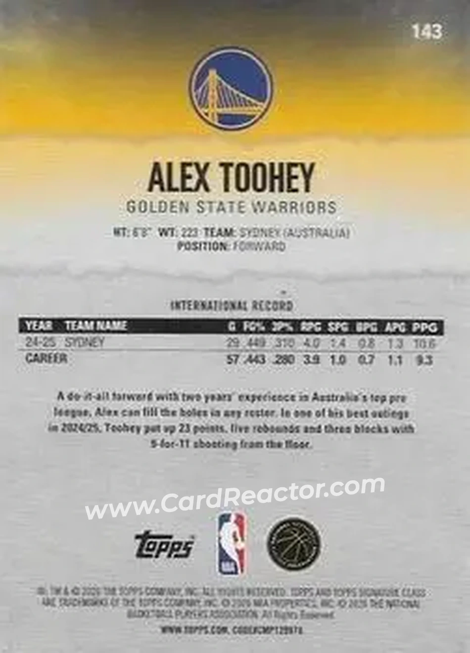 2025-26 Topps Signature Class #143 - Alex Toohey - Golden State Warriors - Back 2025-26 Topps Signature Class #143 - Alex Toohey - Golden State Warriors - Back