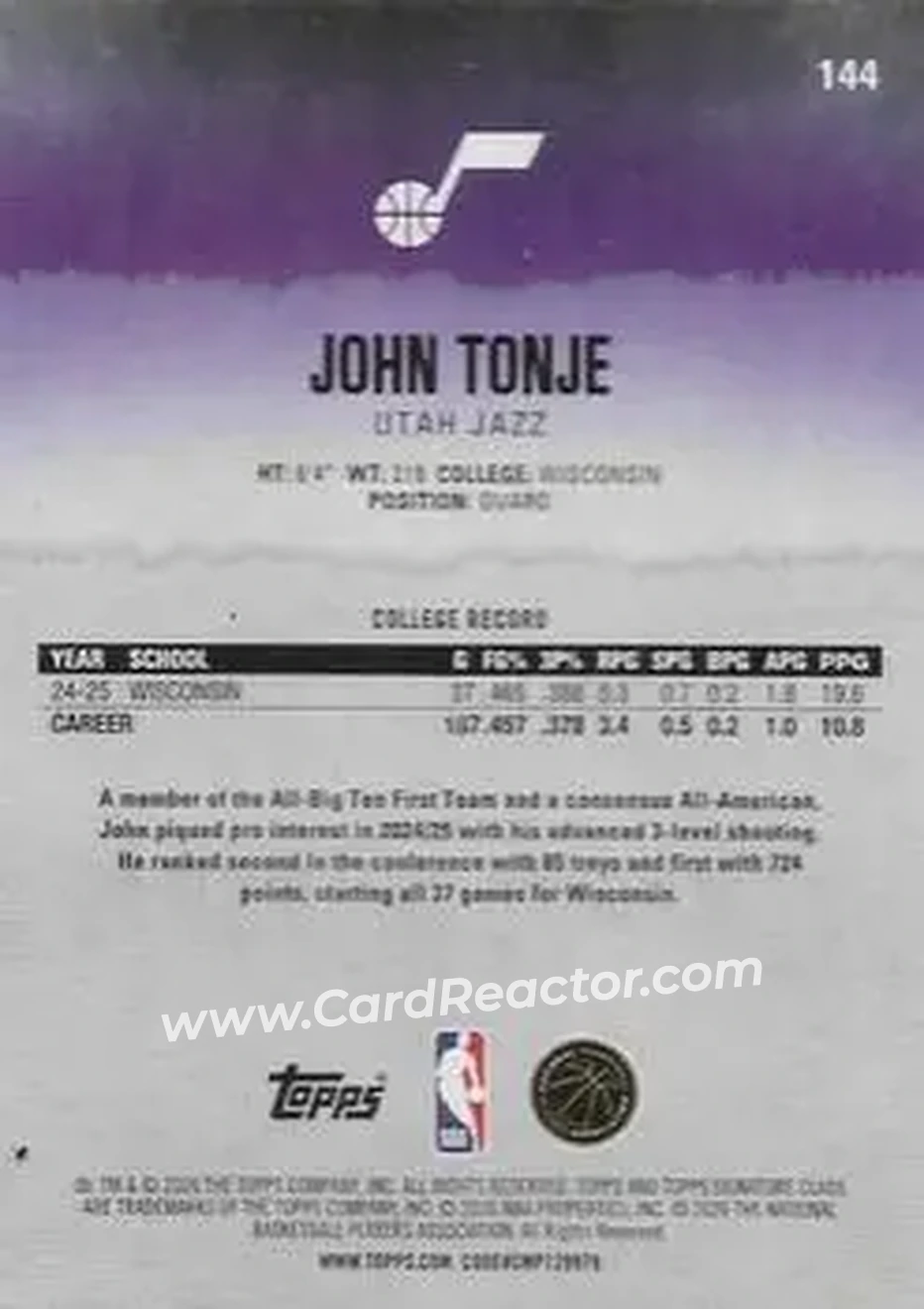 2025-26 Topps Signature Class #144 - John Tonje - Utah Jazz - Back 2025-26 Topps Signature Class #144 - John Tonje - Utah Jazz - Back