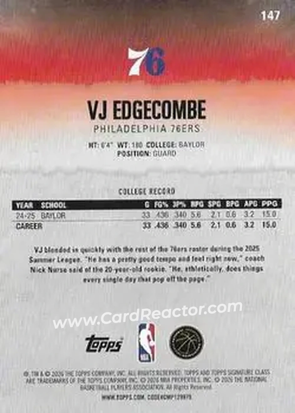 2025-26 Topps Signature Class #147 - VJ Edgecombe - Philadelphia 76ers - Back
