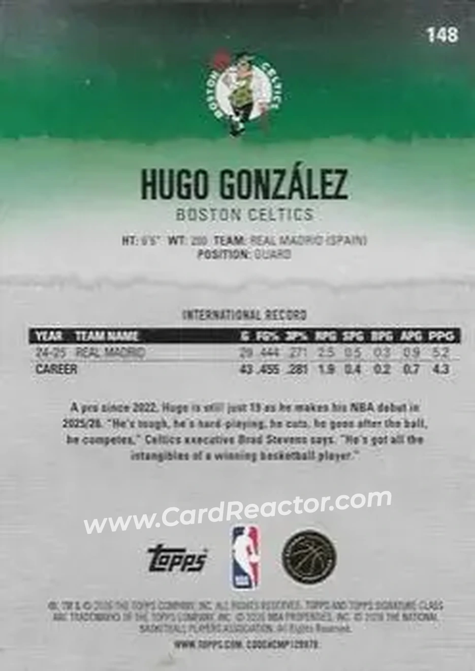 2025-26 Topps Signature Class #148 - Hugo González - Boston Celtics - Back 2025-26 Topps Signature Class #148 - Hugo González - Boston Celtics - Back