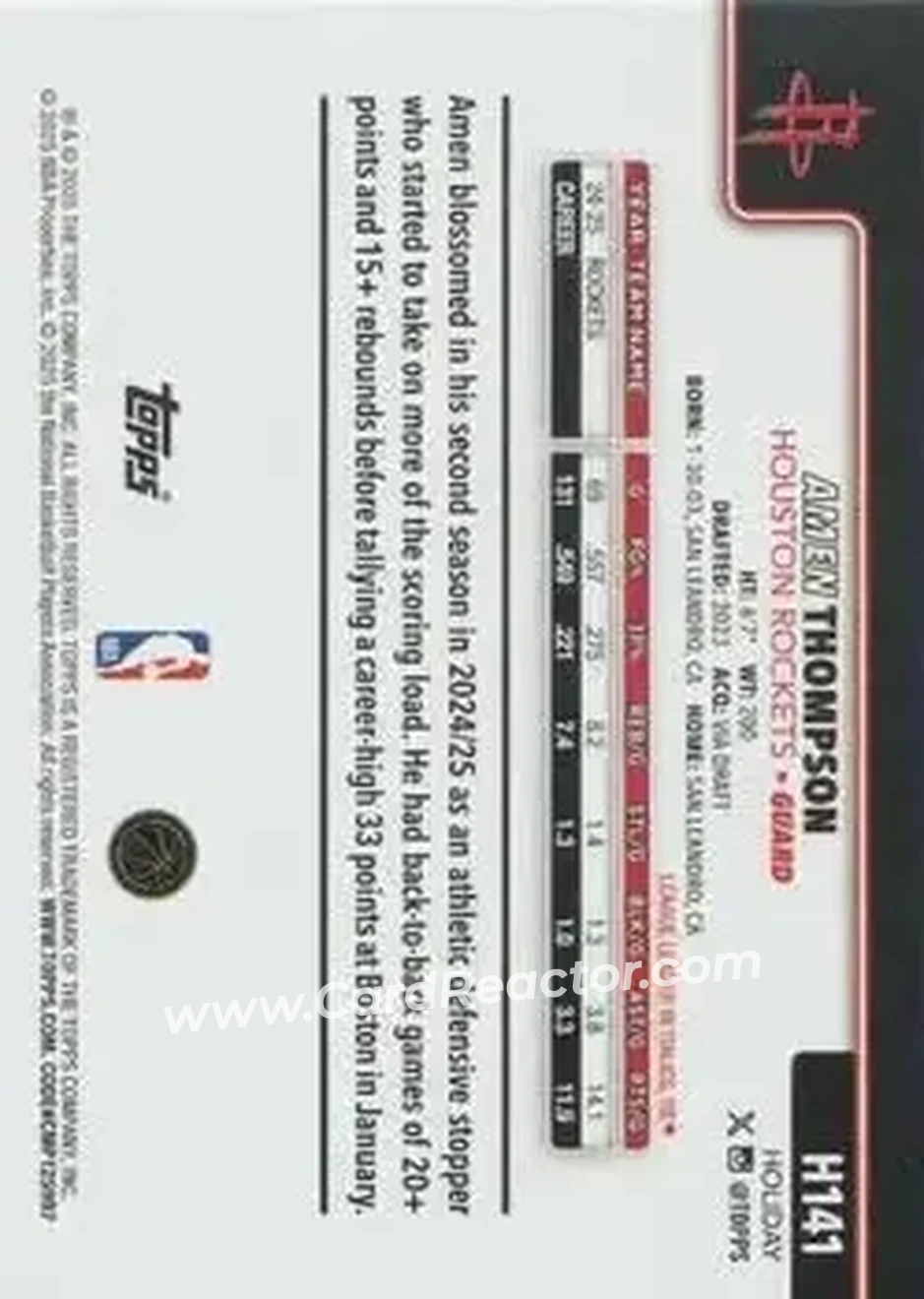 2025-26 Topps Holiday #H141 - Amen Thompson - Houston Rockets - Back 2025-26 Topps Holiday #H141 - Amen Thompson - Houston Rockets - Back