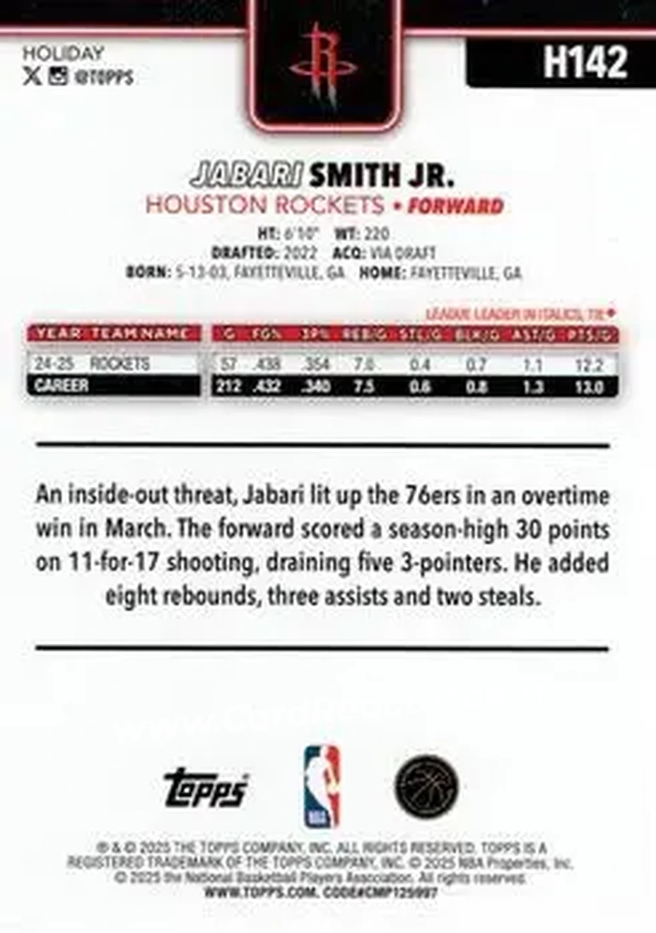 2025-26 Topps Holiday #H142 - Jabari Smith Jr. - Houston Rockets - Back 2025-26 Topps Holiday #H142 - Jabari Smith Jr. - Houston Rockets - Back