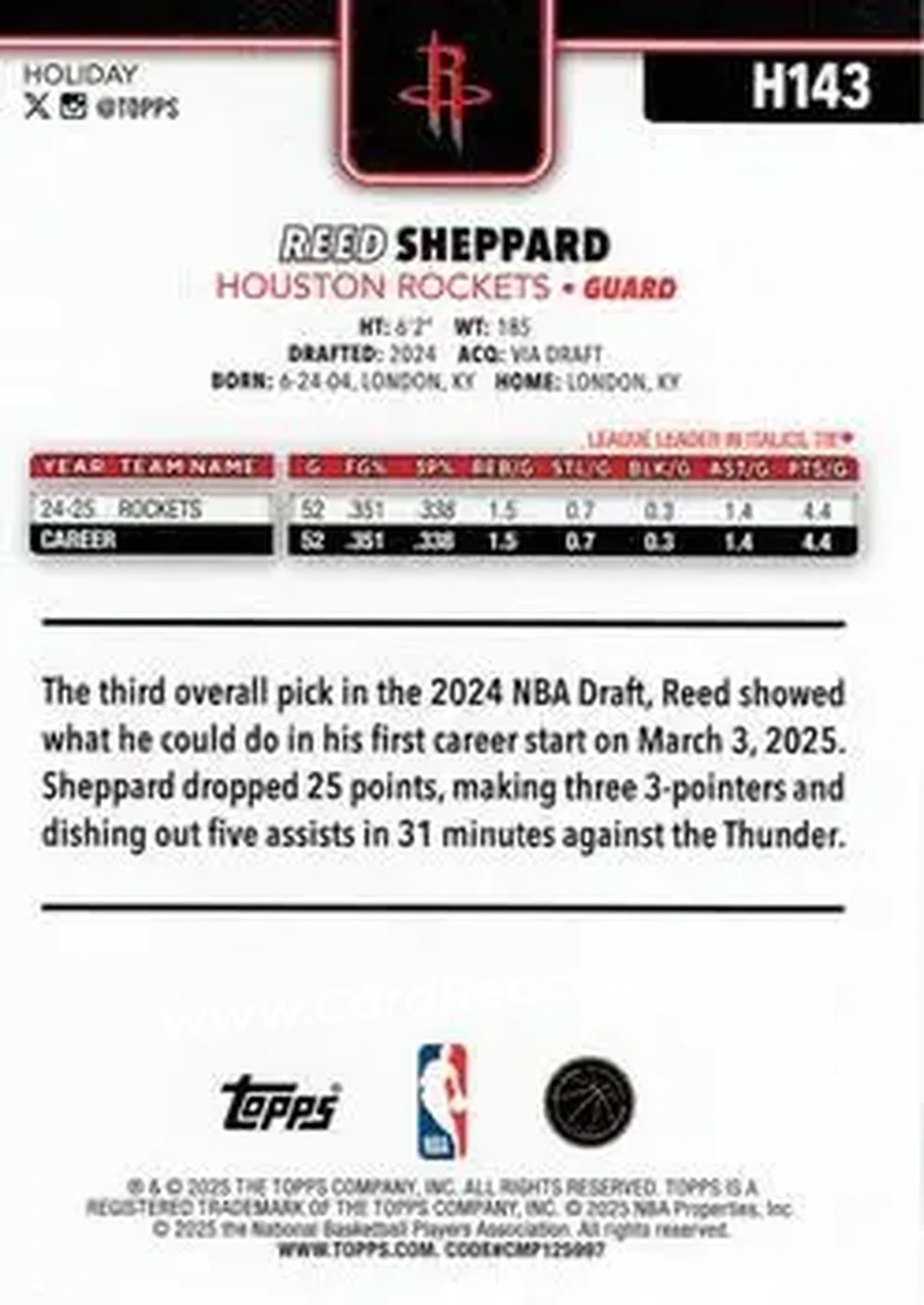 2025-26 Topps Holiday #H143 - Reed Sheppard - Houston Rockets - Back