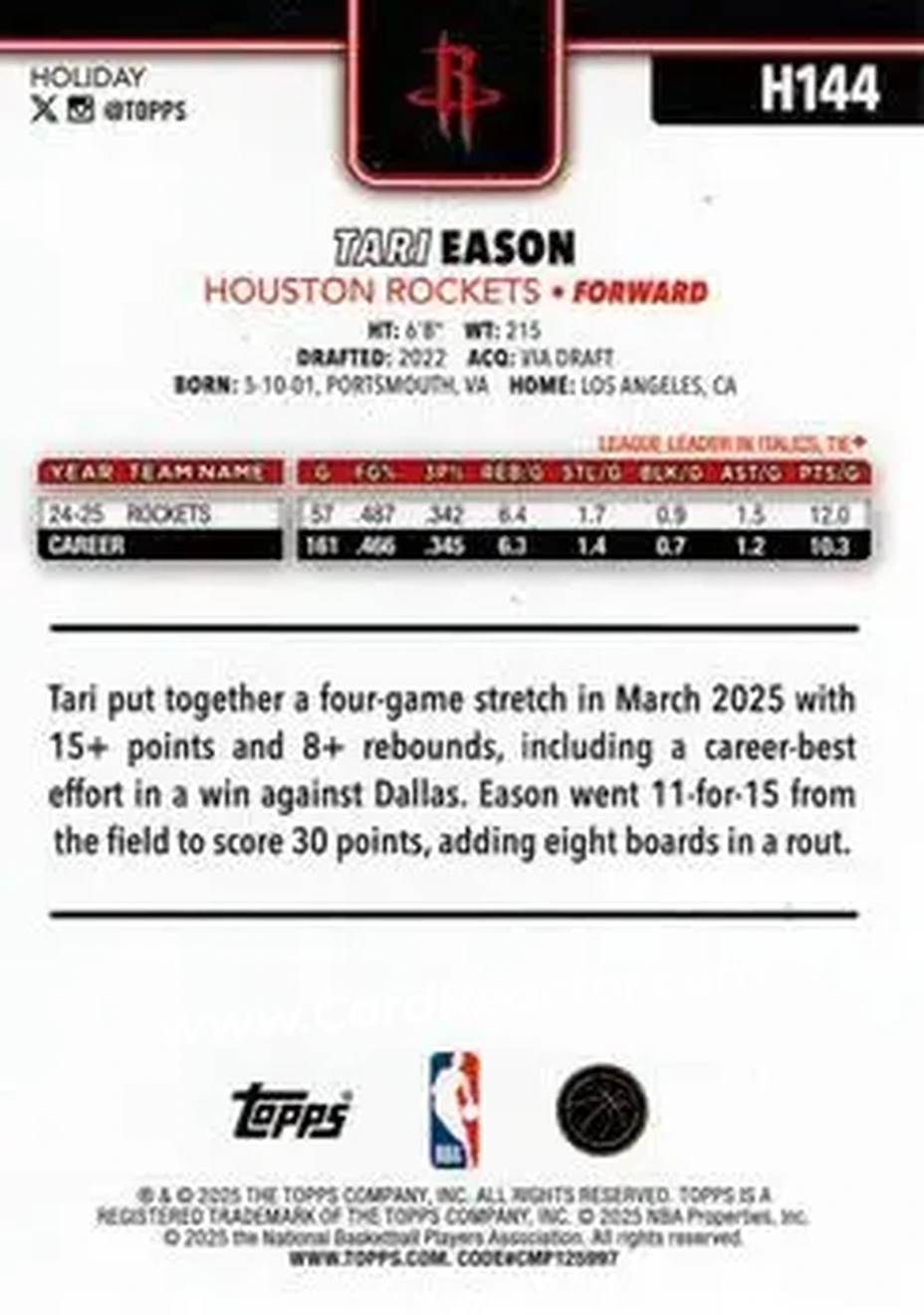 2025-26 Topps Holiday #H144 - Tari Eason - Houston Rockets - Back