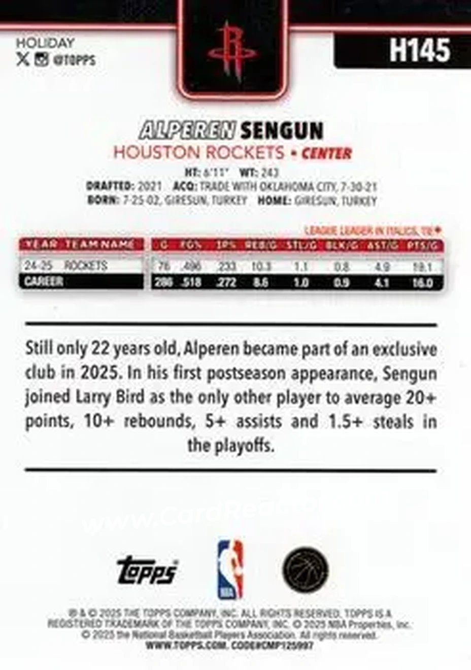 2025-26 Topps Holiday #H145 - Alperen Sengun - Houston Rockets - Back 2025-26 Topps Holiday #H145 - Alperen Sengun - Houston Rockets - Back