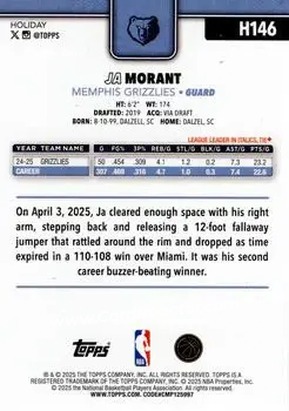 2025-26 Topps Holiday #H146 - Ja Morant - Memphis Grizzlies - Back 2025-26 Topps Holiday #H146 - Ja Morant - Memphis Grizzlies - Back