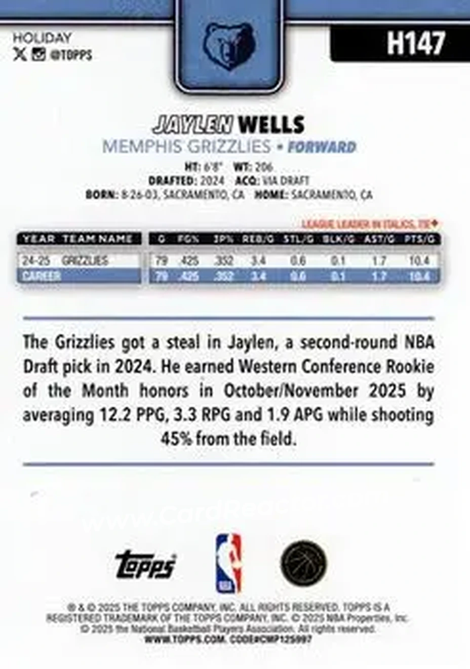 2025-26 Topps Holiday #H147 - Jaylen Wells - Memphis Grizzlies - Back