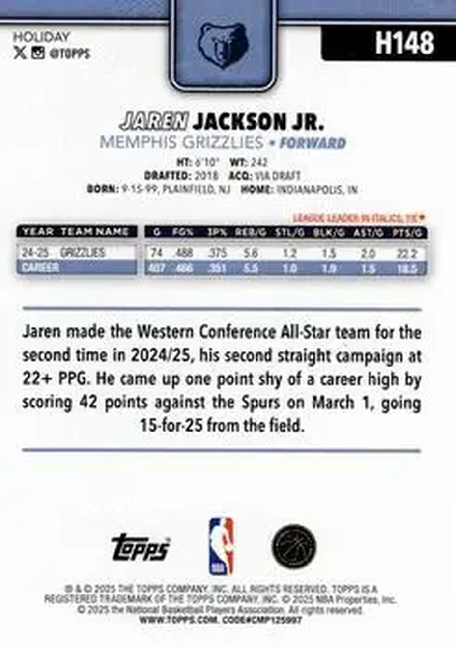 2025-26 Topps Holiday #H148 - Jaren Jackson Jr. - Memphis Grizzlies - Back 2025-26 Topps Holiday #H148 - Jaren Jackson Jr. - Memphis Grizzlies - Back