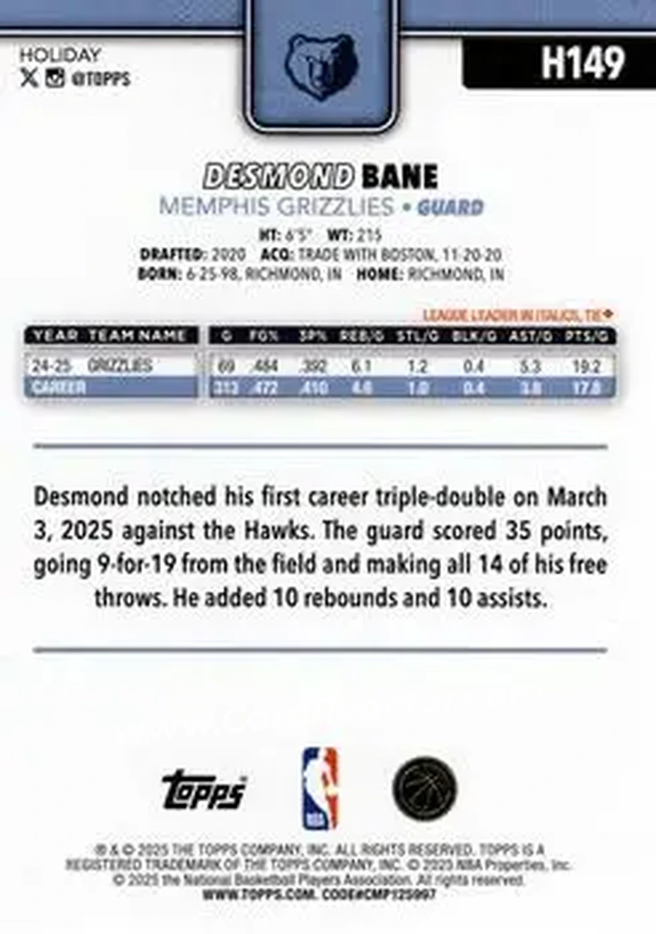 2025-26 Topps Holiday #H149 - Desmond Bane - Memphis Grizzlies - Back 2025-26 Topps Holiday #H149 - Desmond Bane - Memphis Grizzlies - Back