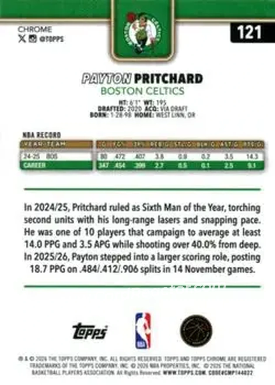 2025-26 Topps Chrome Update #121 - Payton Pritchard - Boston Celtics - Back
