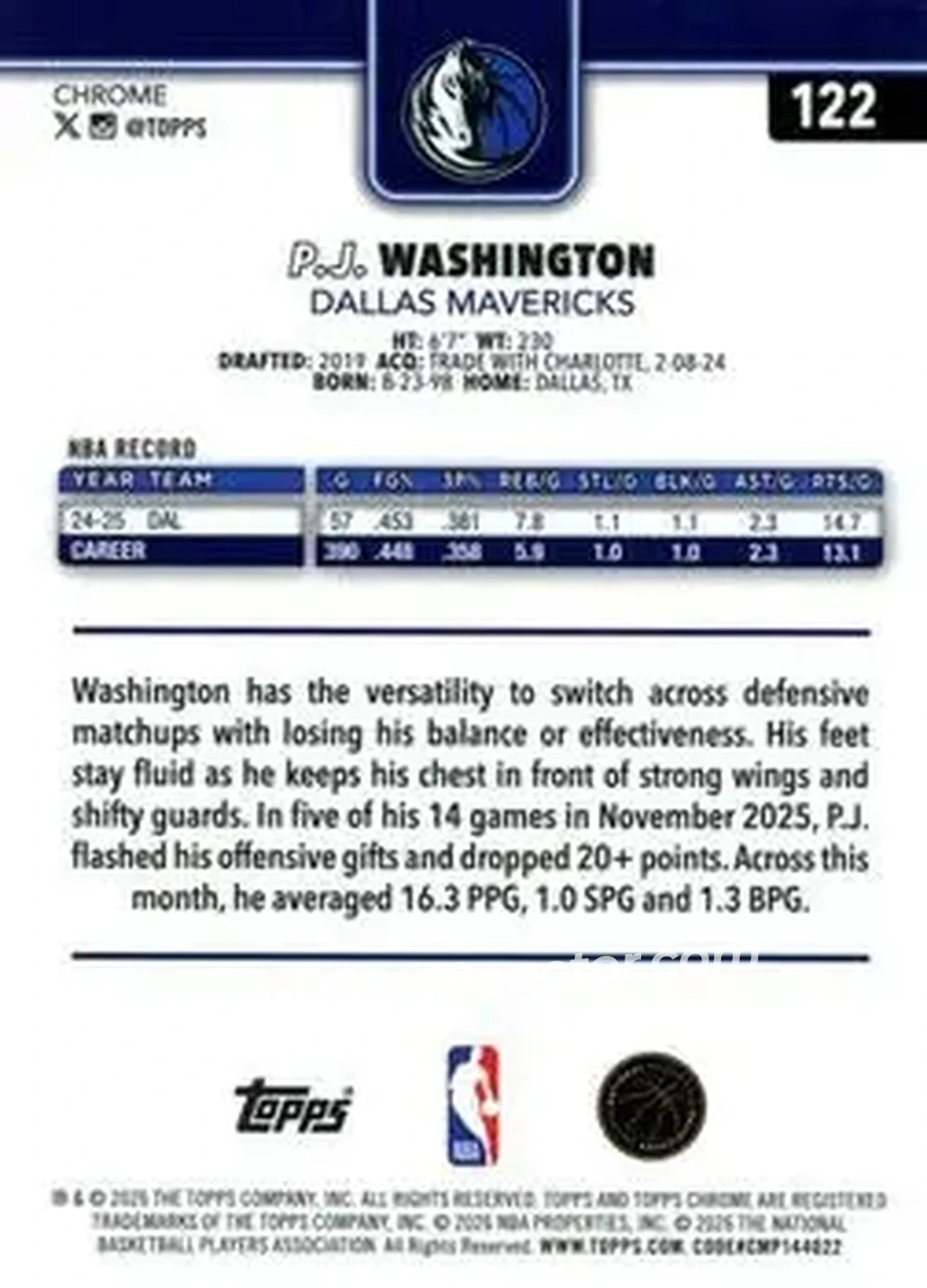 2025-26 Topps Chrome Update #122 - P.J. Washington - Dallas Mavericks - Back