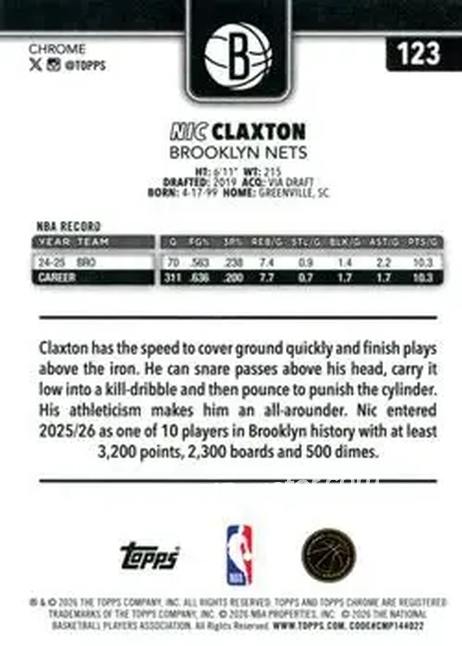 2025-26 Topps Chrome Update #123 - Nic Claxton - Brooklyn Nets - Back 2025-26 Topps Chrome Update #123 - Nic Claxton - Brooklyn Nets - Back