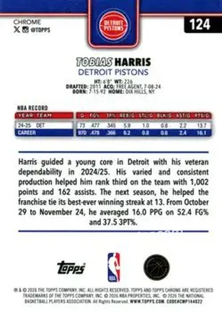 2025-26 Topps Chrome Update #124 - Tobias Harris - Detroit Pistons - Back