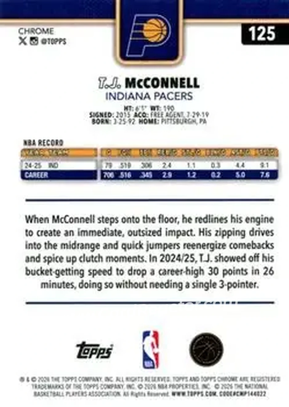 2025-26 Topps Chrome Update #125 - T.J. McConnell - Indiana Pacers - Back 2025-26 Topps Chrome Update #125 - T.J. McConnell - Indiana Pacers - Back