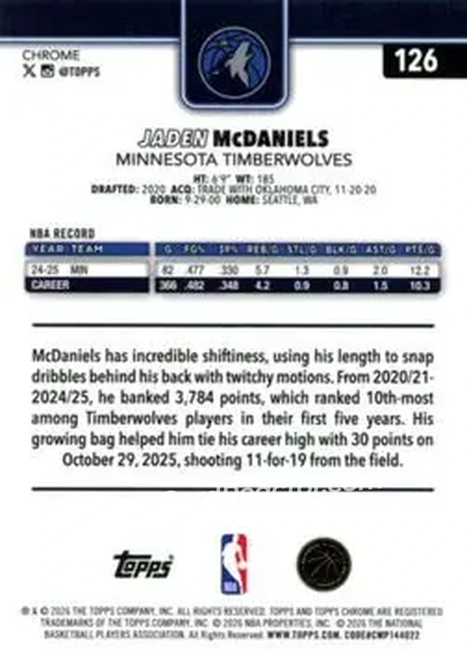 2025-26 Topps Chrome Update #126 - Jaden McDaniels - Minnesota Timberwolves - Back