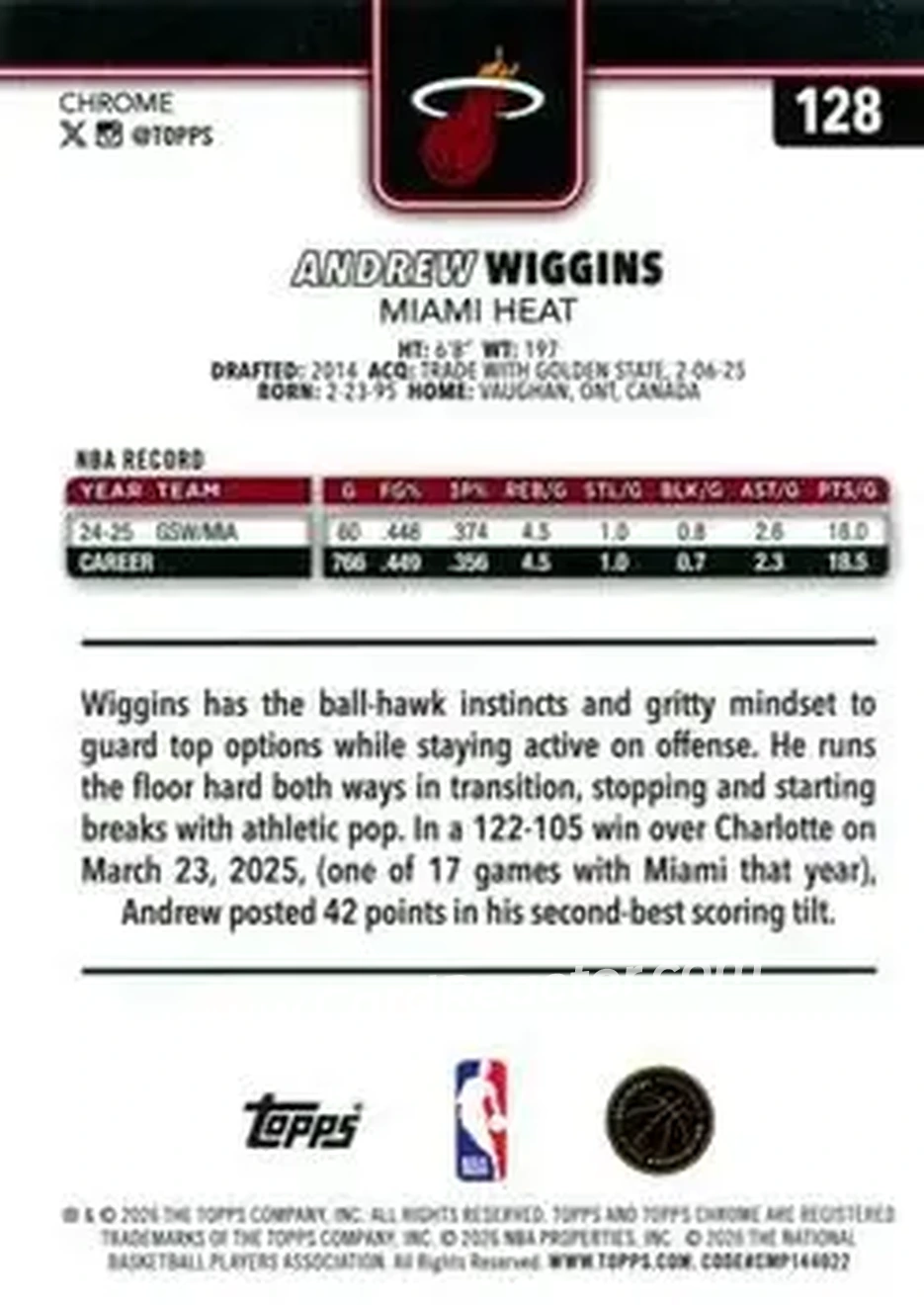 2025-26 Topps Chrome Update #128 - Andrew Wiggins - Miami Heat - Back