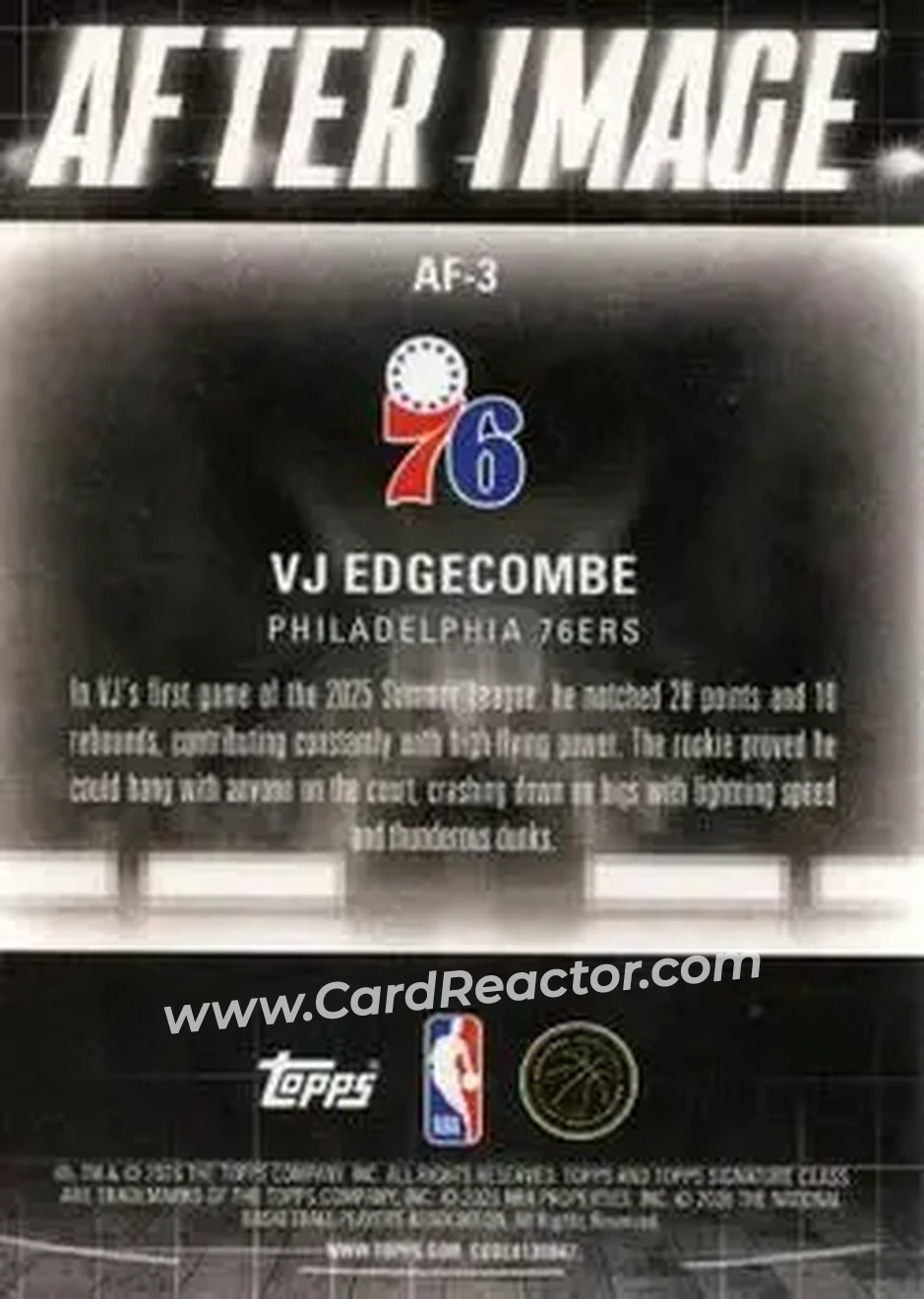 2025-26 Topps Signature Class - After Image #AF-3 - VJ Edgecombe - Philadelphia 76ers - Back