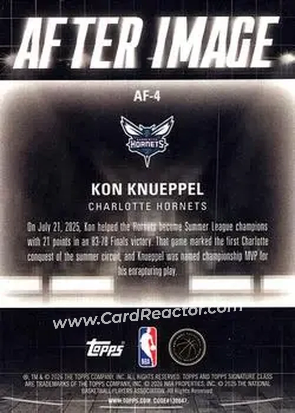 2025-26 Topps Signature Class - After Image #AF-4 - Kon Knueppel - Charlotte Hornets - Back