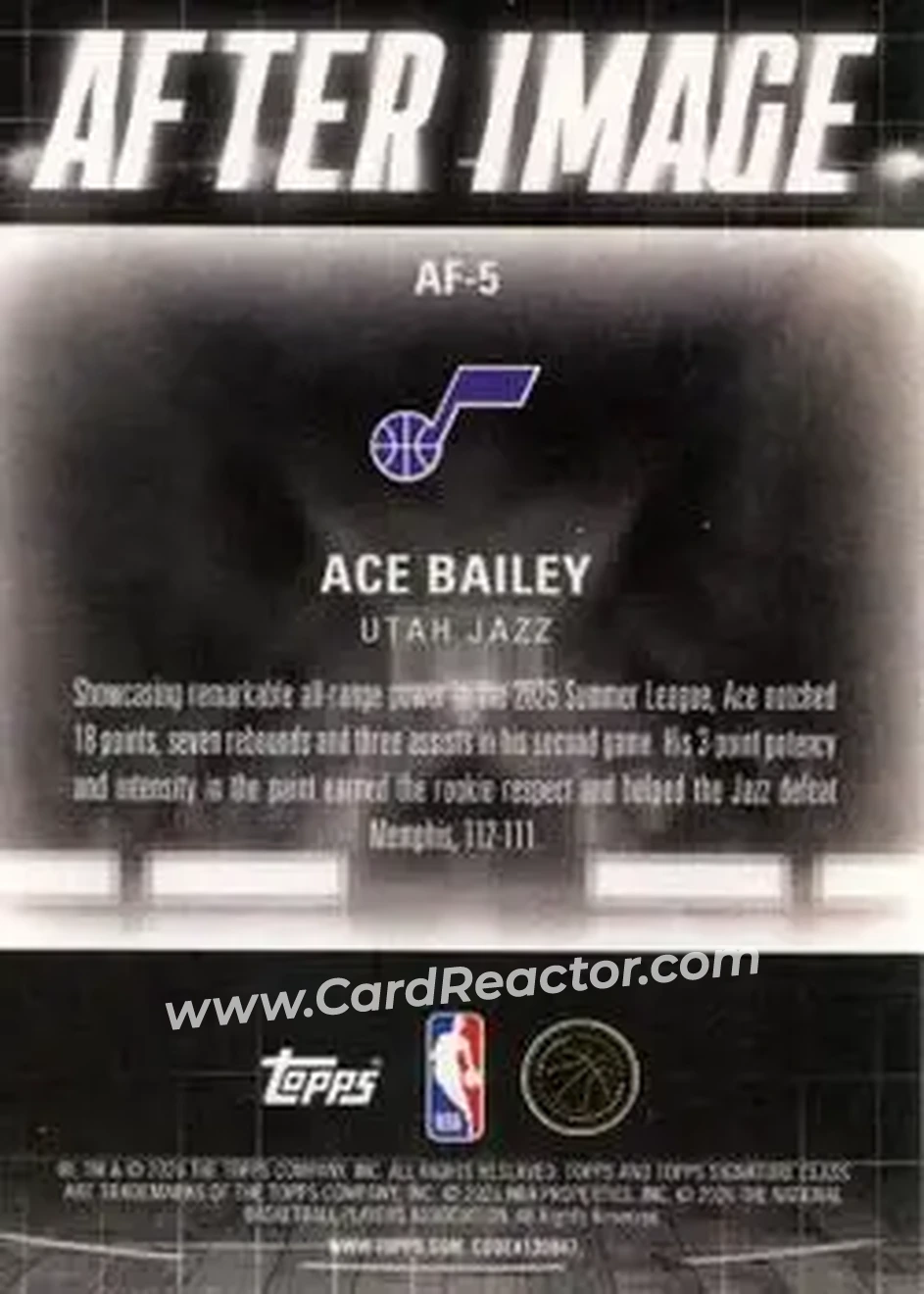2025-26 Topps Signature Class - After Image #AF-5 - Ace Bailey - Utah Jazz - Back