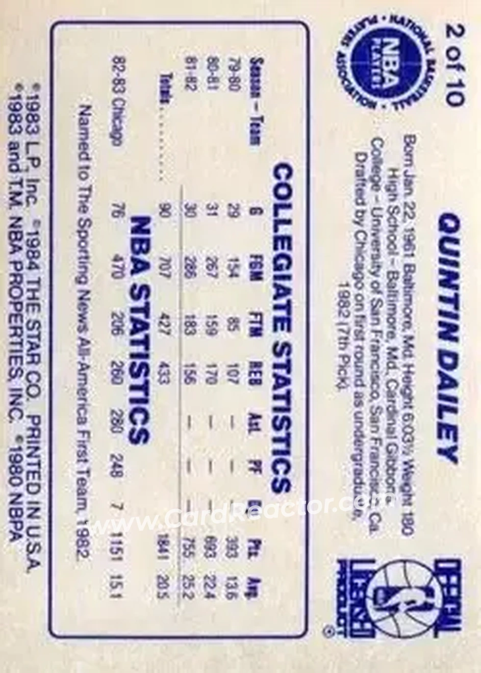 1983-84 Star All-Rookies #2 - Quintin Dailey - Chicago Bulls - Back 1983-84 Star All-Rookies #2 - Quintin Dailey - Chicago Bulls - Back
