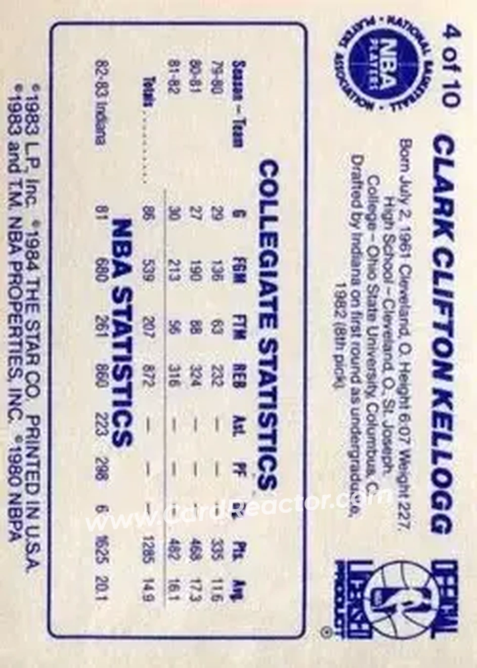 1983-84 Star All-Rookies #4 - Clark Kellogg - Indiana Pacers - Back
