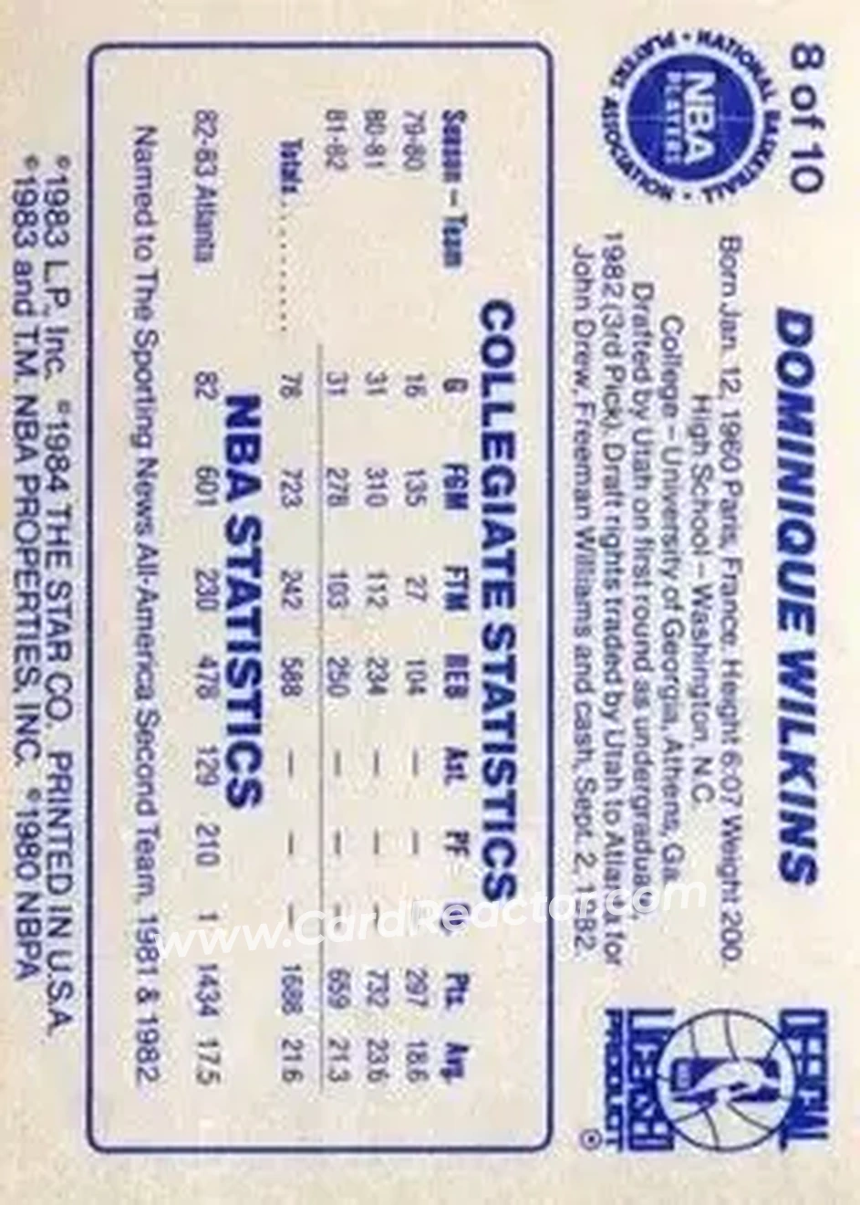 1983-84 Star All-Rookies #8 - Dominique Wilkins - Atlanta Hawks - Back