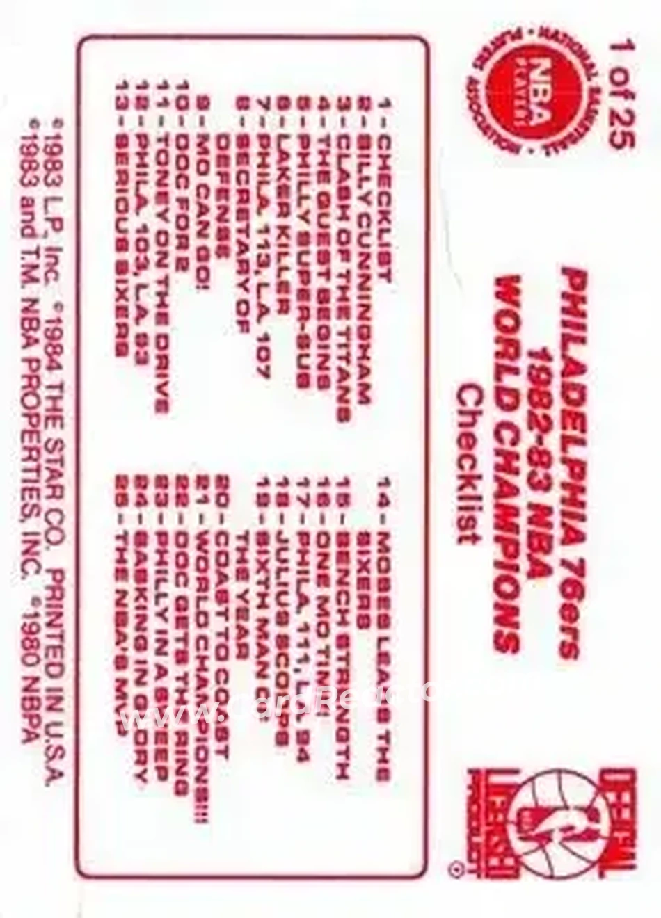 1983-84 Star Sixers Champs #1 - Moses Malone - Philadelphia 76ers - Back