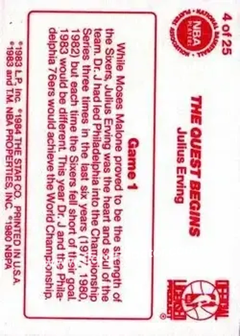 1983-84 Star Sixers Champs #4 - Julius Erving - Philadelphia 76ers - Back