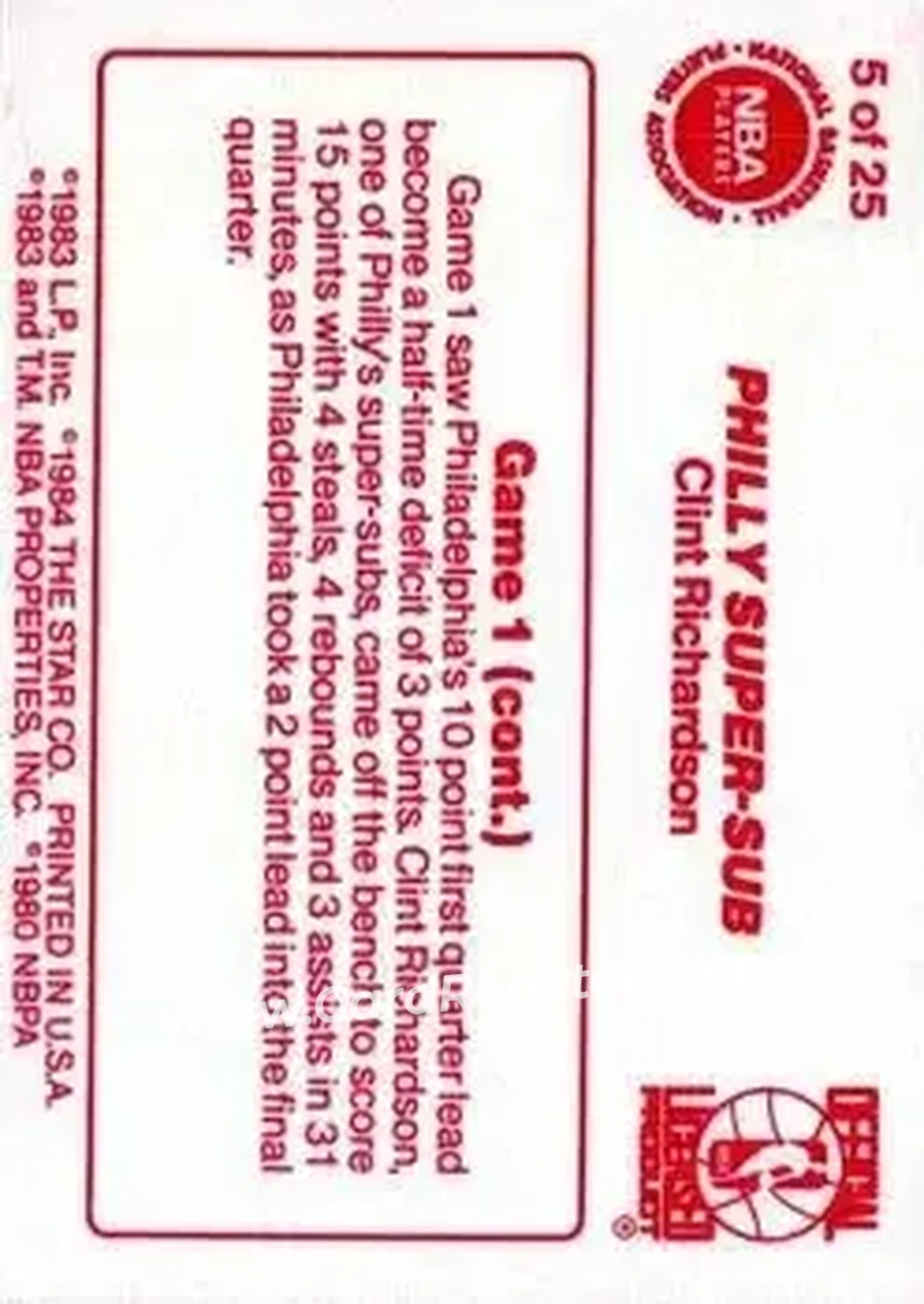 1983-84 Star Sixers Champs #5 - Clint Richardson - Philadelphia 76ers - Back