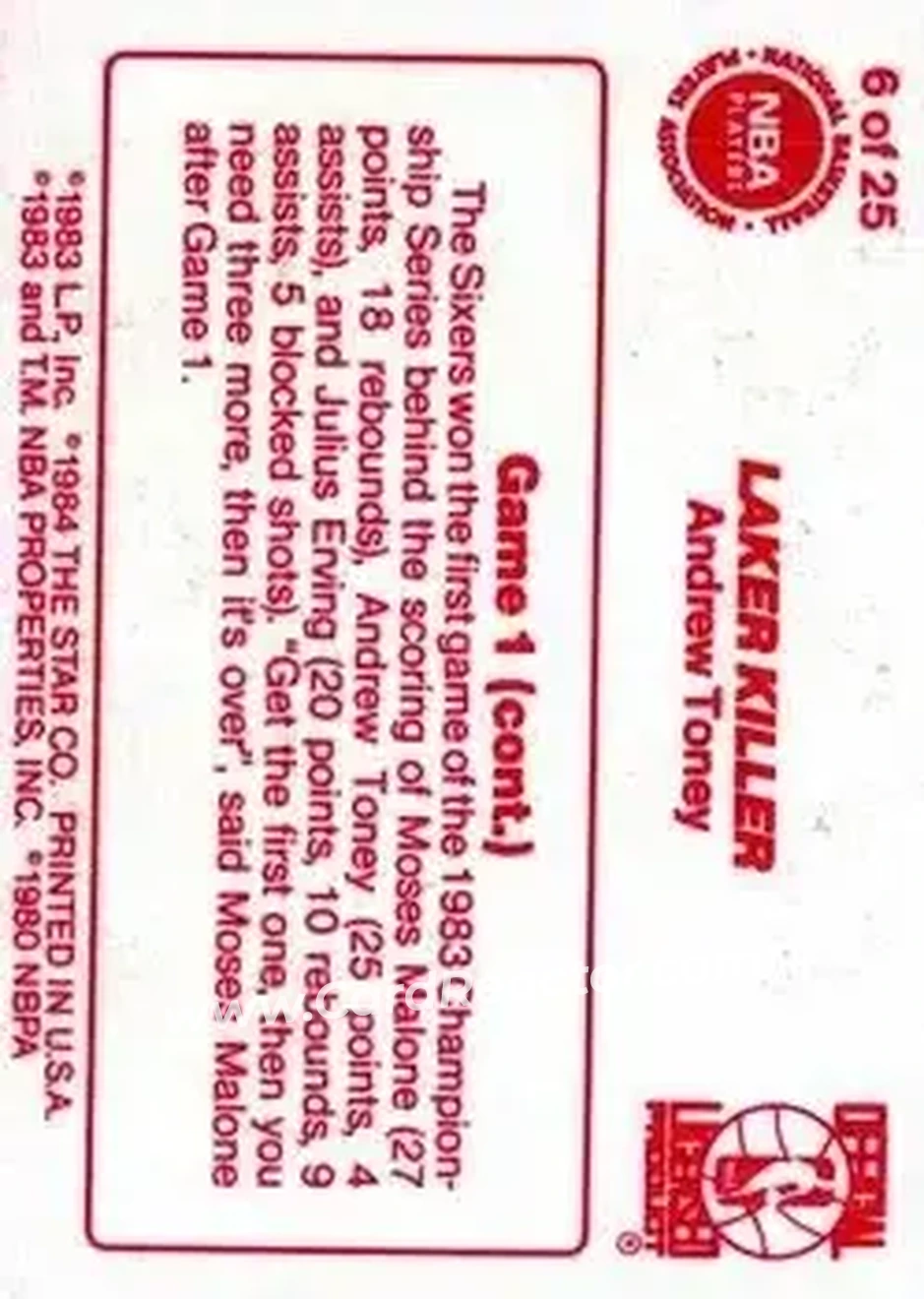 1983-84 Star Sixers Champs #6 - Andrew Toney - Philadelphia 76ers - Back