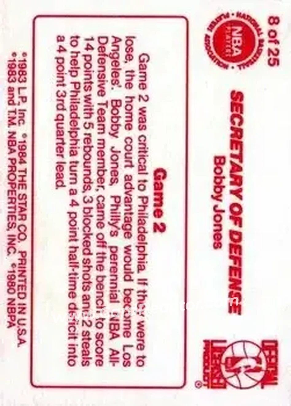 1983-84 Star Sixers Champs #8 - Bobby Jones - Philadelphia 76ers - Back