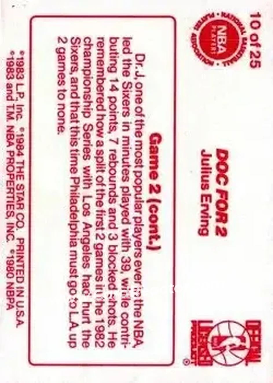 1983-84 Star Sixers Champs #10 - Julius Erving - Philadelphia 76ers - Back