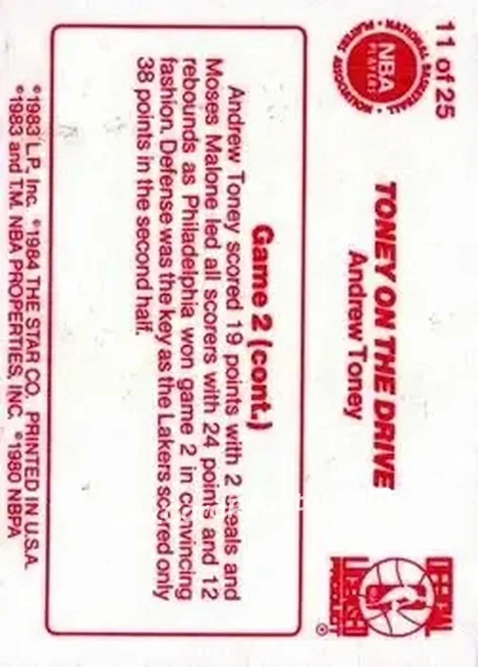 1983-84 Star Sixers Champs #11 - Andrew Toney - Philadelphia 76ers - Back