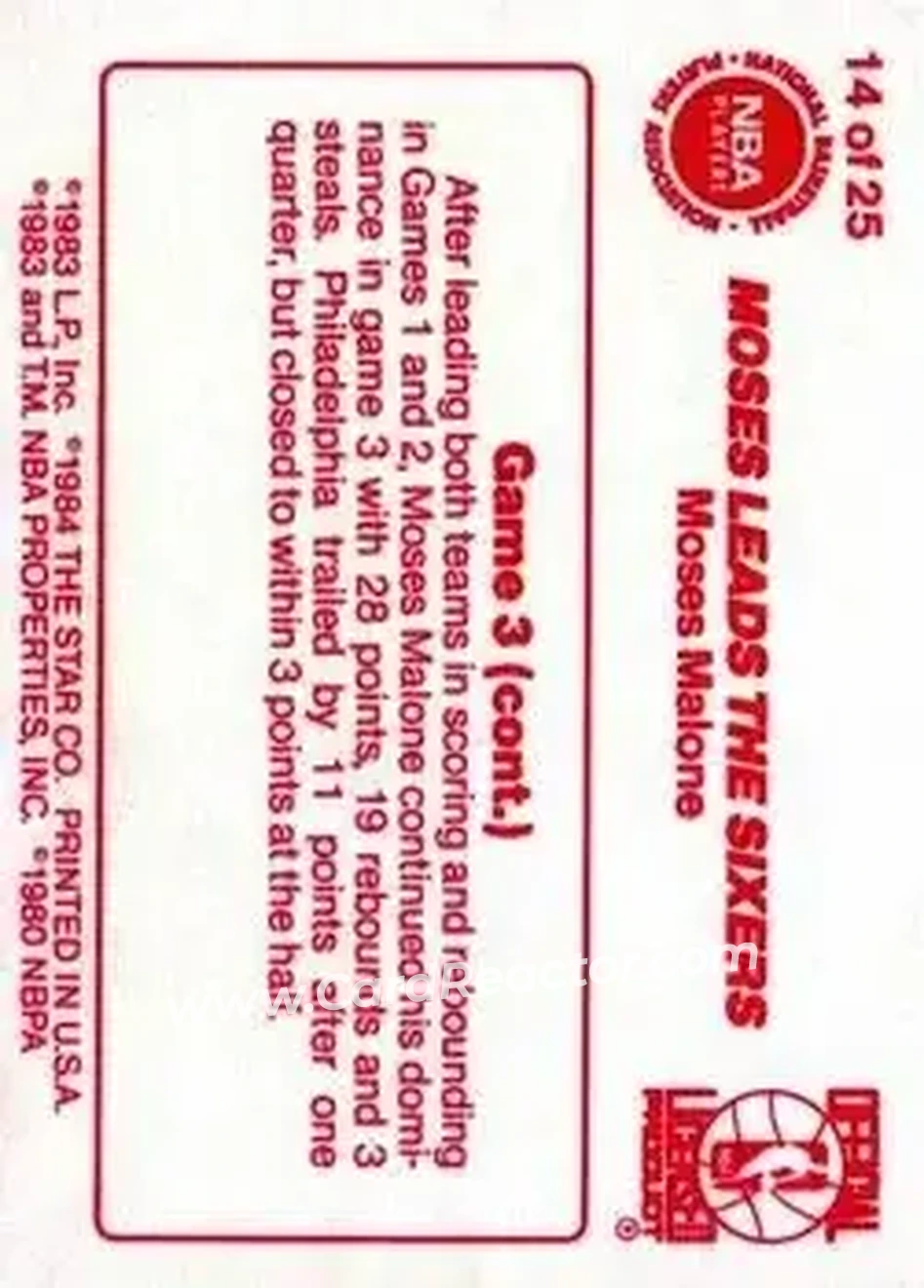 1983-84 Star Sixers Champs #14 - Moses Malone - Philadelphia 76ers - Back