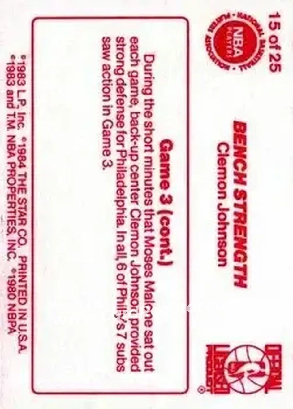 1983-84 Star Sixers Champs #15 - Clemon Johnson - Philadelphia 76ers - Back