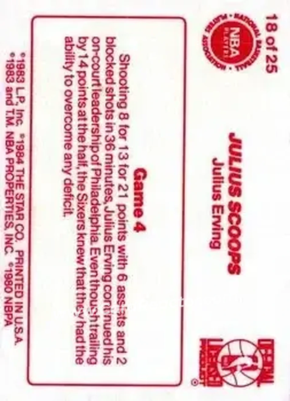 1983-84 Star Sixers Champs #18 - Julius Erving - Philadelphia 76ers - Back