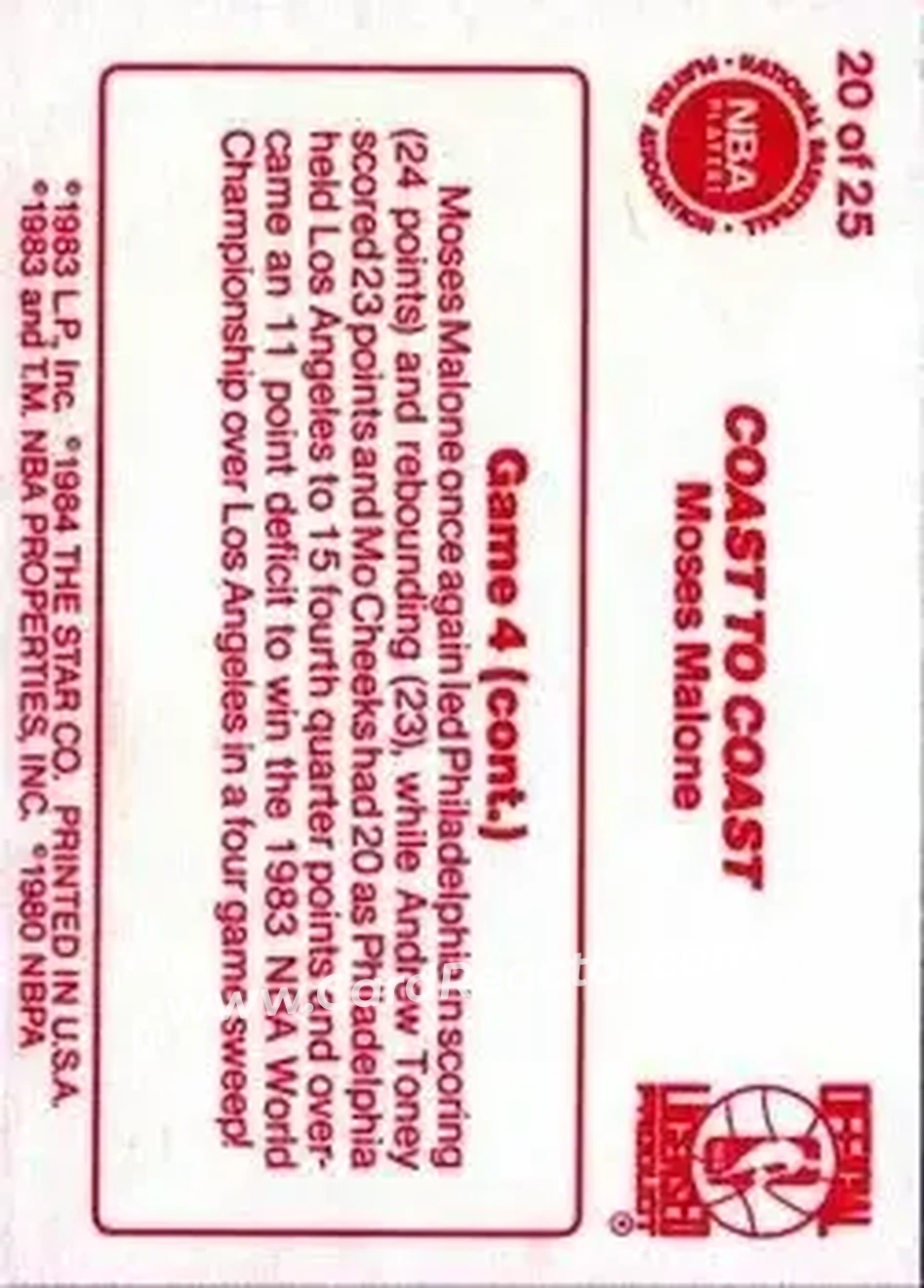 1983-84 Star Sixers Champs #20 - Moses Malone - Philadelphia 76ers - Back