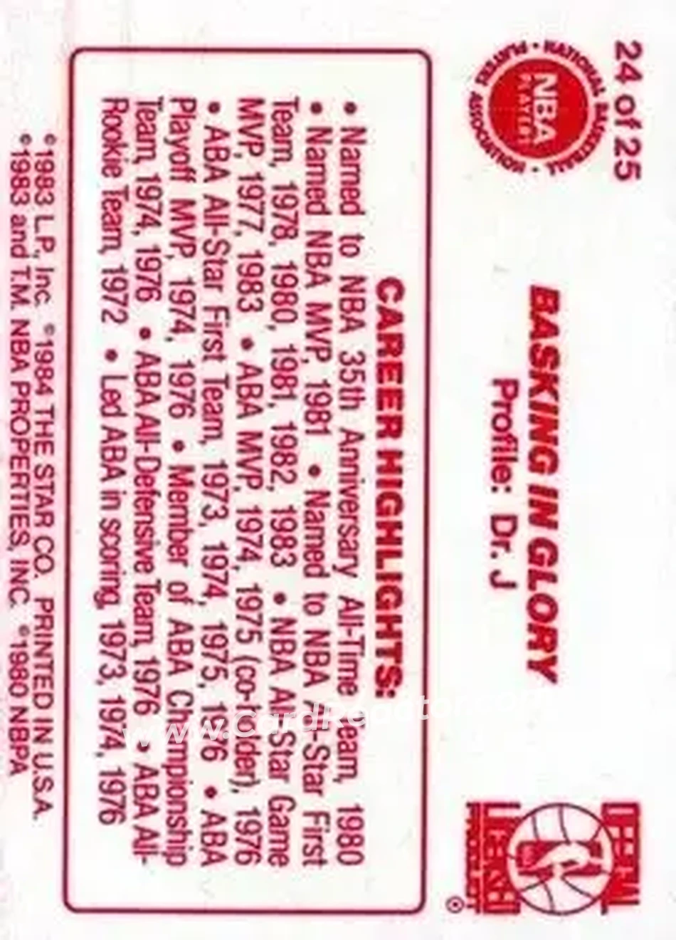 1983-84 Star Sixers Champs #24 - Julius Erving - Philadelphia 76ers - Back